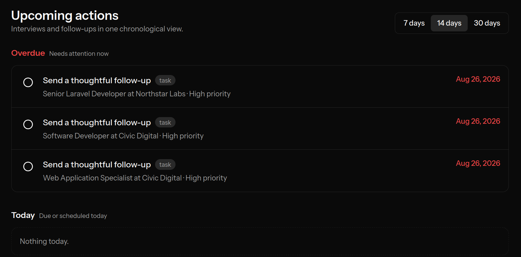 Upcoming actions screen grouping overdue follow-ups and scheduled work into a chronological view.